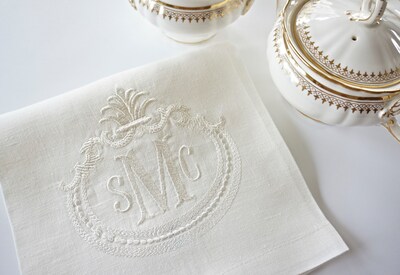 FRENCH ANTIQUE FRAME with Monogram Embroidered Linen Cloth Napkins and Guest Bath Hand Towels - Wedding Keepsake, As shown on a Towel - image1